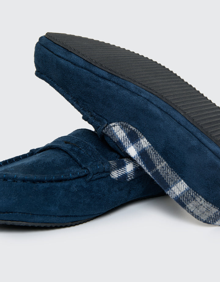 Navy Faux Suede Fabric Trim Moccasin Slippers