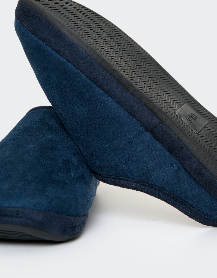 Navy Faux Suede Faux Fur Lined Mule Slippers