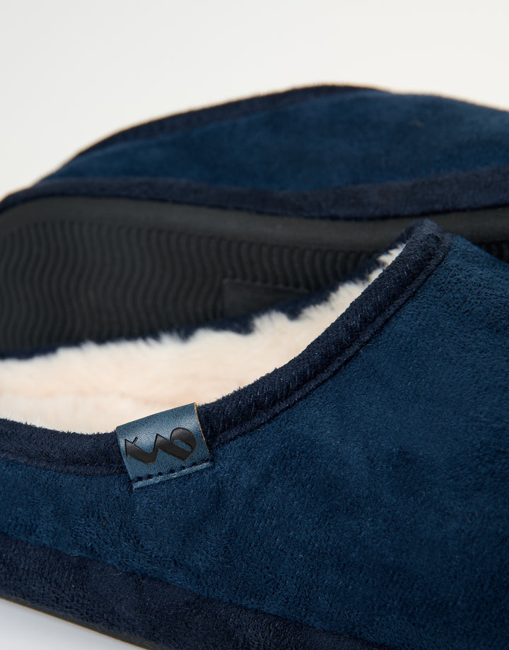 Navy Faux Suede Faux Fur Lined Mule Slippers