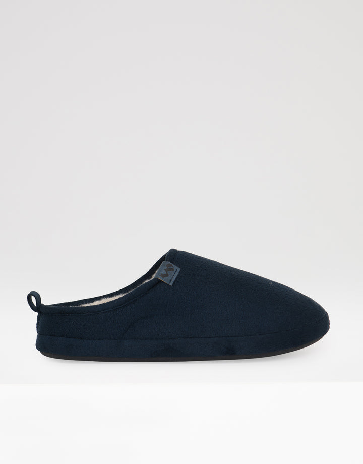 Threadbare Faux Suede Faux Fur Lined Mule Slippers in Navy - side view