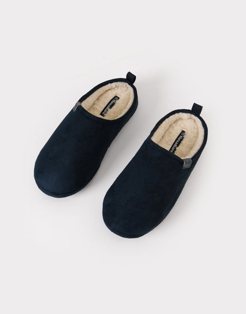 Threadbare Faux Suede Faux Fur Lined Mule Slippers in Navy - top view