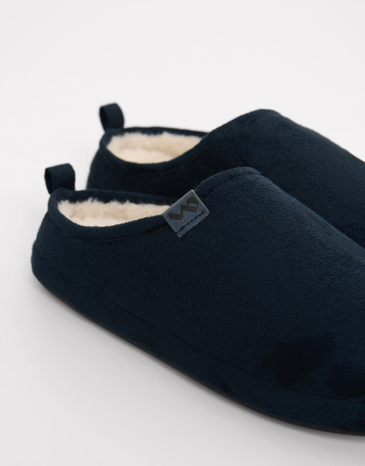 Threadbare Faux Suede Faux Fur Lined Mule Slippers in Navy - side view close up