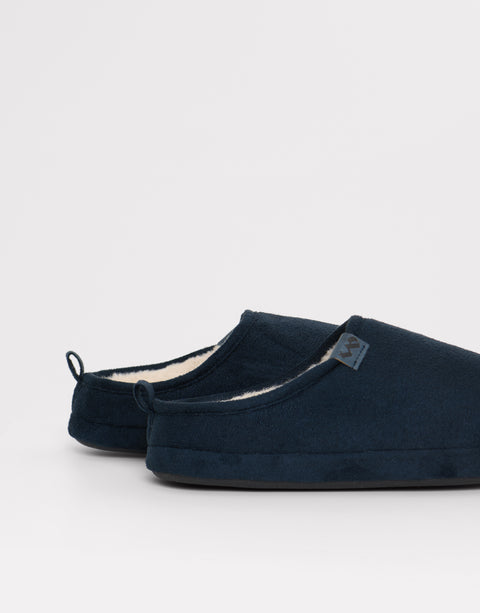 Threadbare Faux Suede Faux Fur Lined Mule Slippers in Navy - top view close up