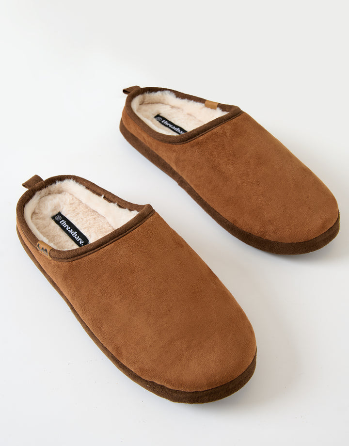 Tan Brown Faux Suede Faux Fur Lined Mule Slippers