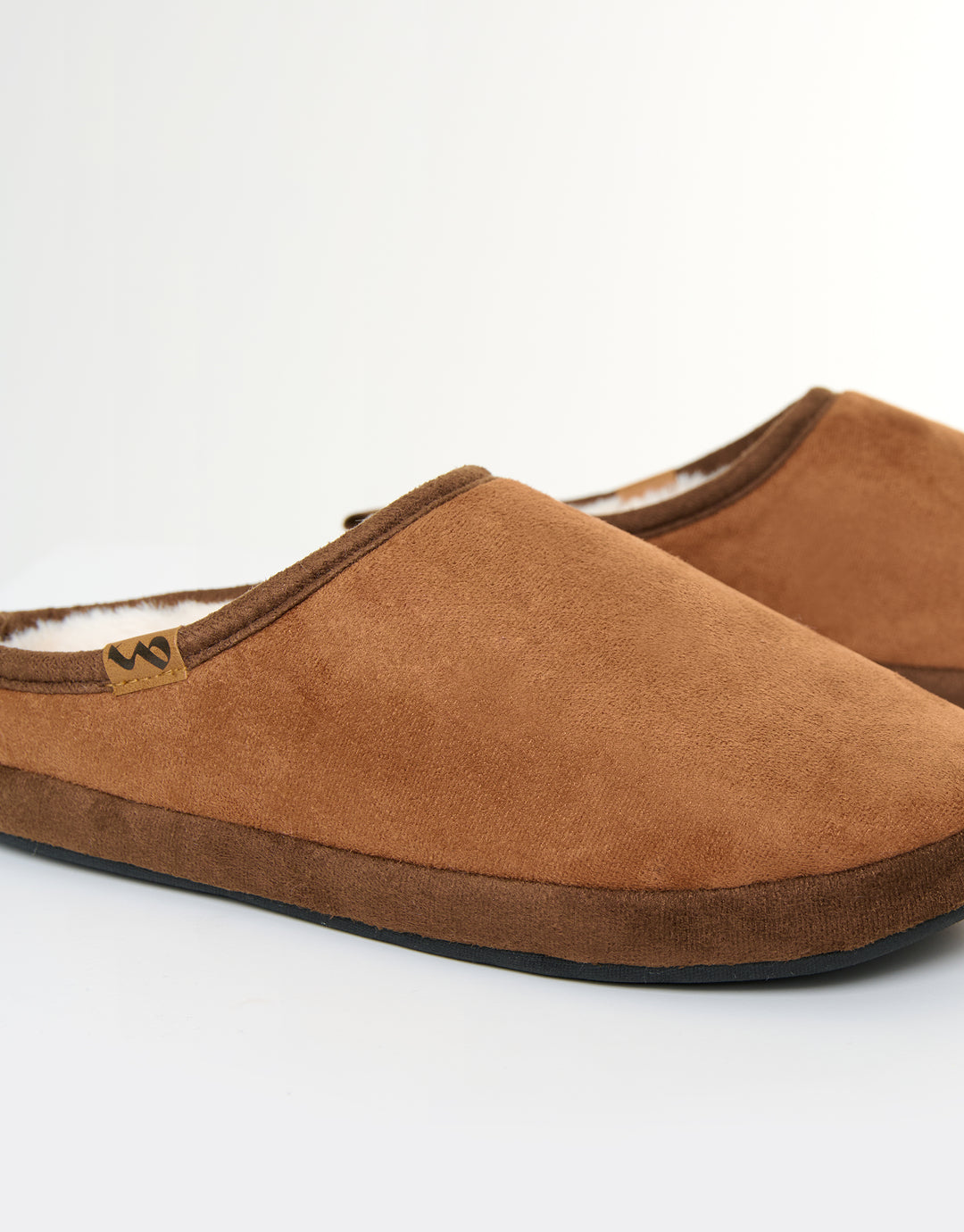 Tan Brown Faux Suede Faux Fur Lined Mule Slippers