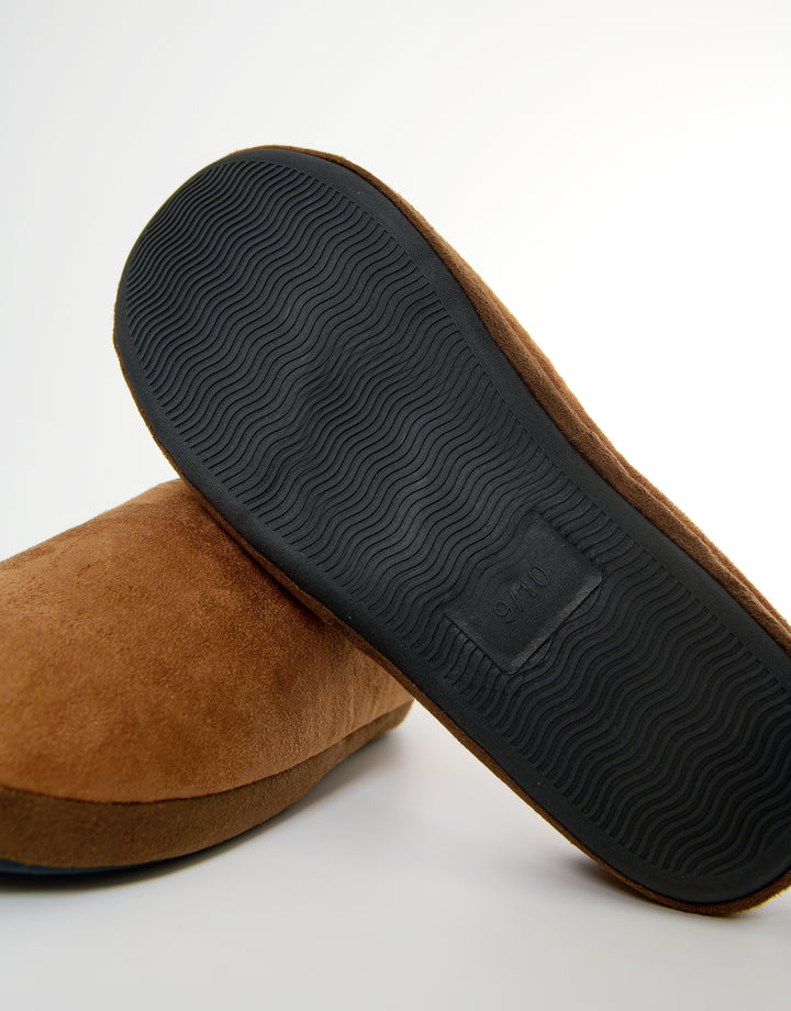 Tan Brown Faux Suede Faux Fur Lined Mule Slippers