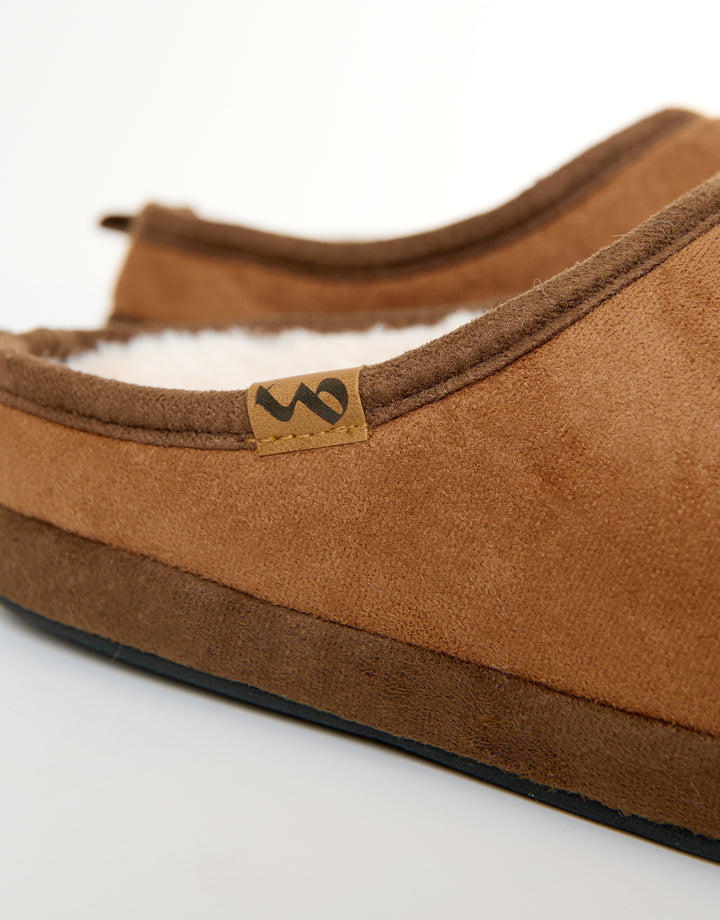 Tan Brown Faux Suede Faux Fur Lined Mule Slippers