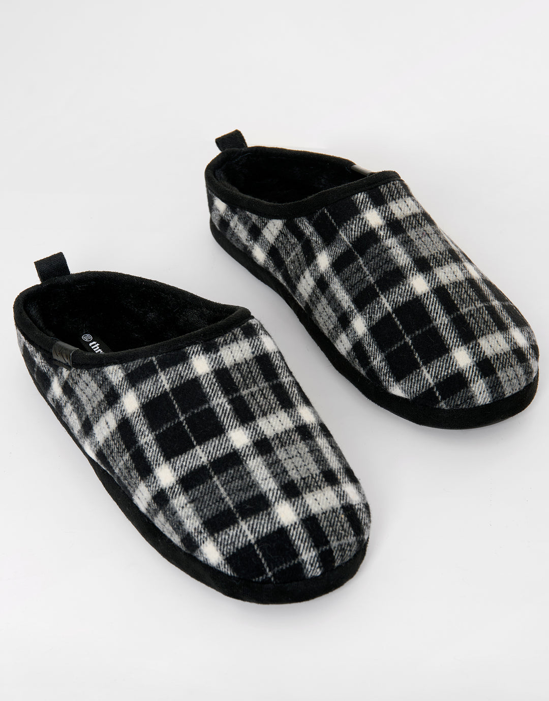 Black Check Faux Fur Lined Mule Slippers