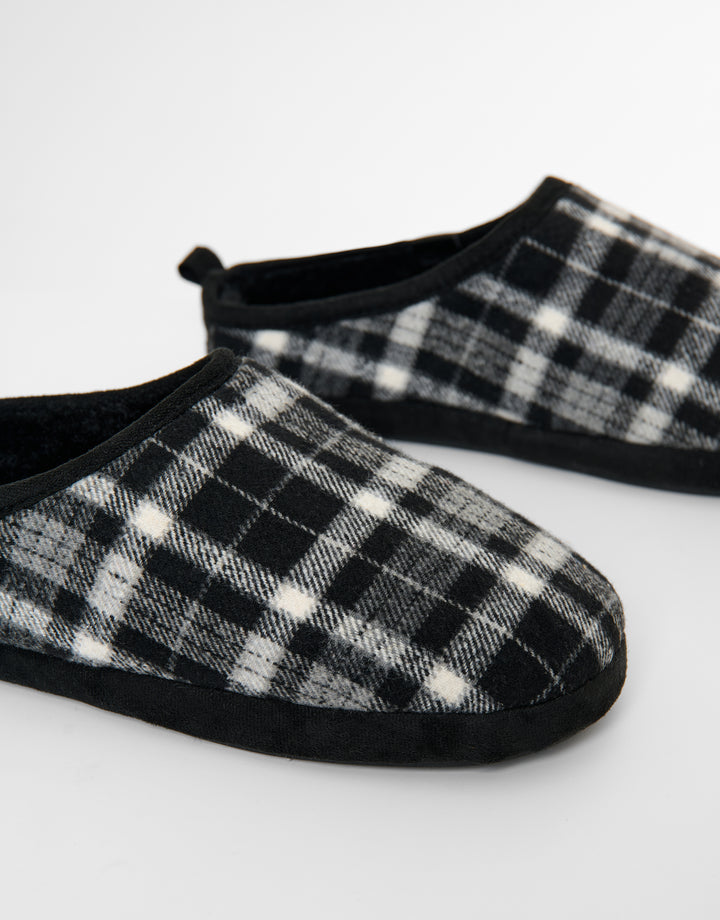 Black Check Faux Fur Lined Mule Slippers