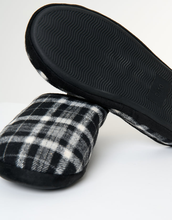 Black Check Faux Fur Lined Mule Slippers