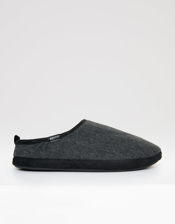 Black Herringbone Faux Fur Lined Mule Slippers