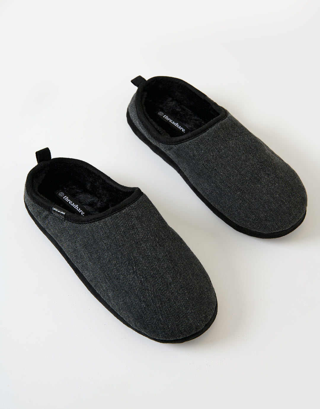 Black Herringbone Faux Fur Lined Mule Slippers