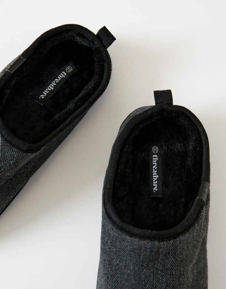 Black Herringbone Faux Fur Lined Mule Slippers