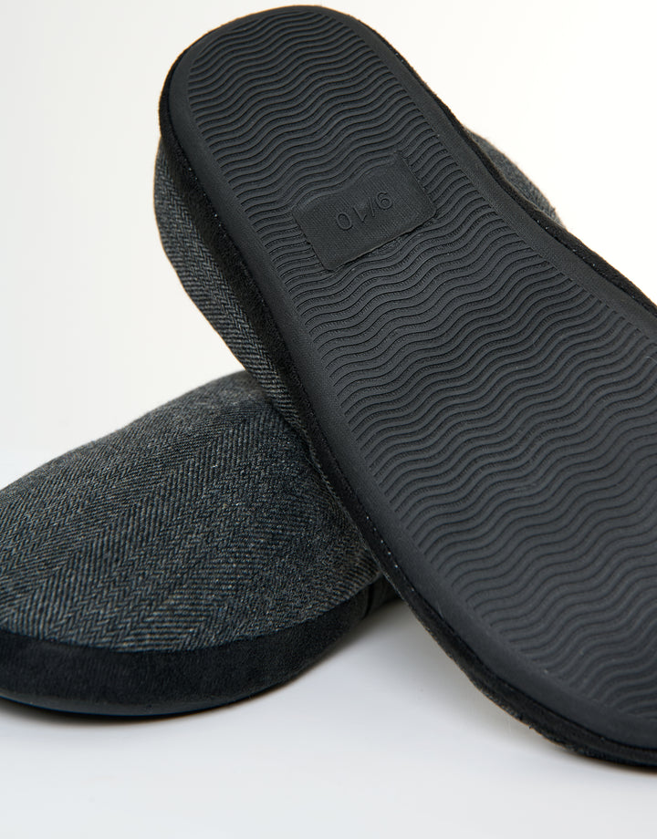 Black Herringbone Faux Fur Lined Mule Slippers