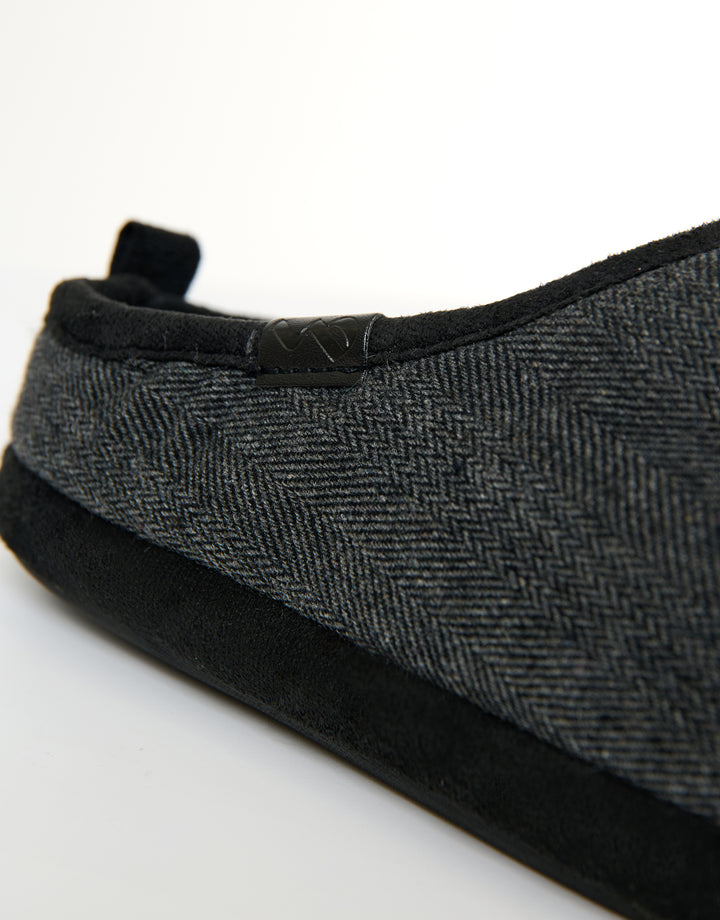 Black Herringbone Faux Fur Lined Mule Slippers