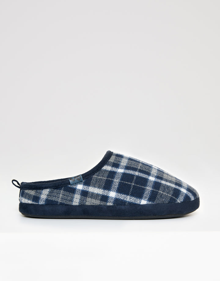 Navy Check Faux Fur Lined Mule Slippers