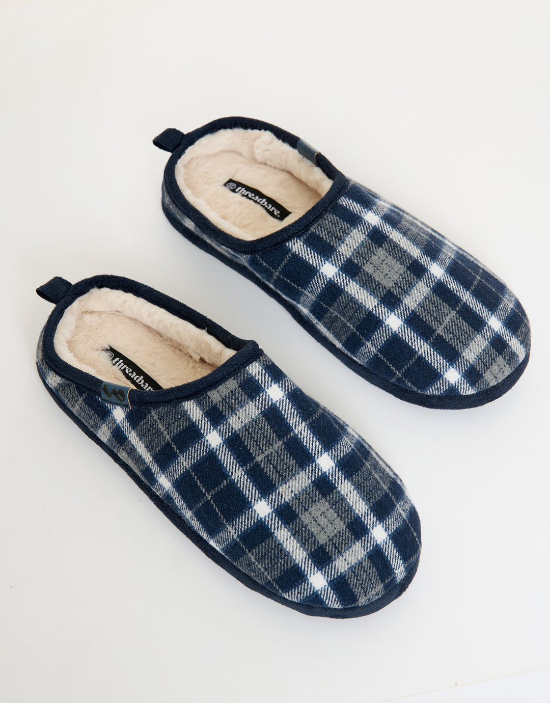 Navy Check Faux Fur Lined Mule Slippers