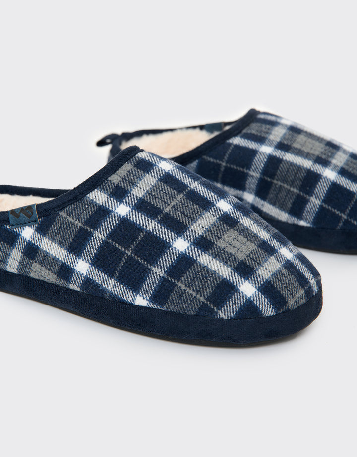 Navy Check Faux Fur Lined Mule Slippers