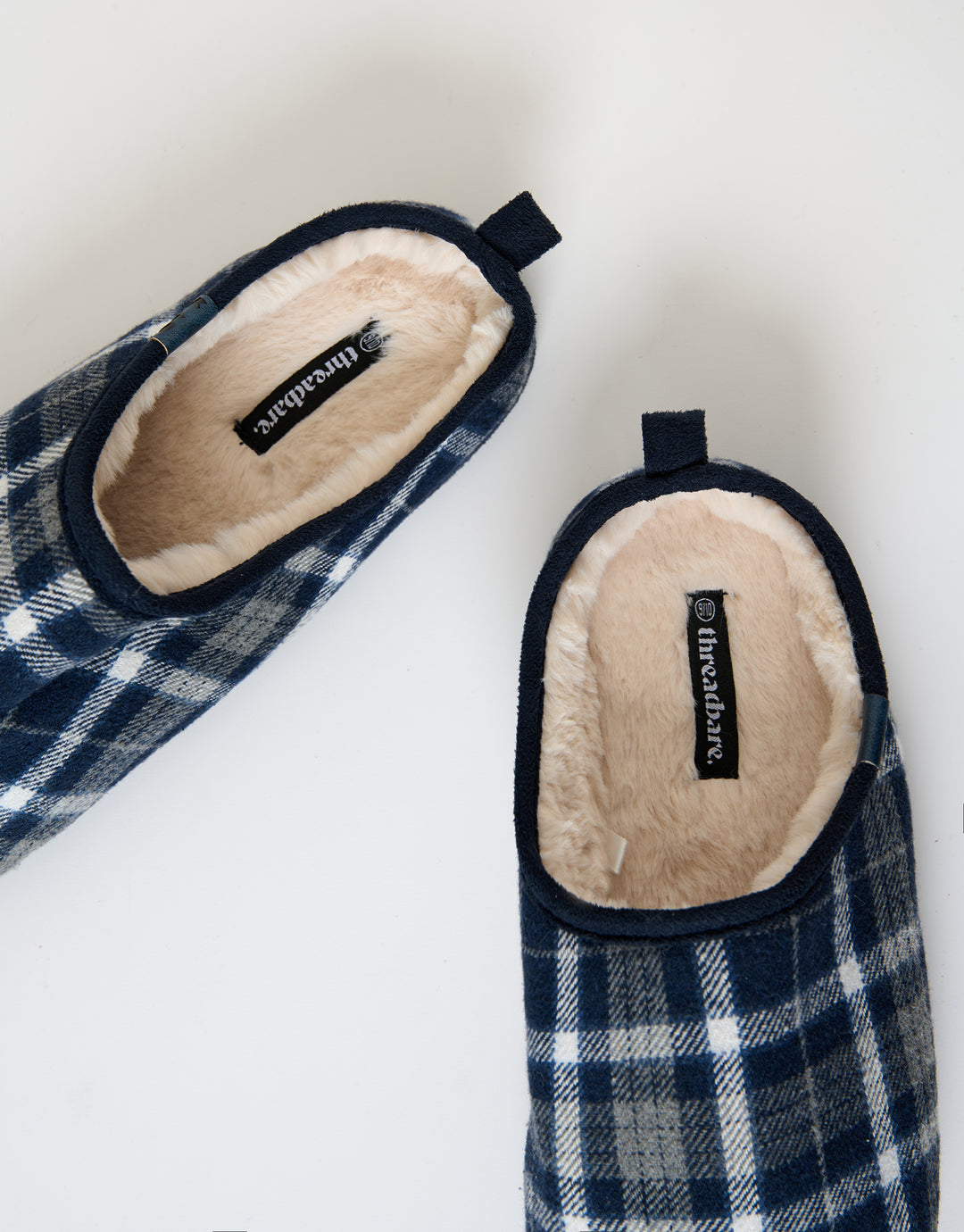 Navy Check Faux Fur Lined Mule Slippers