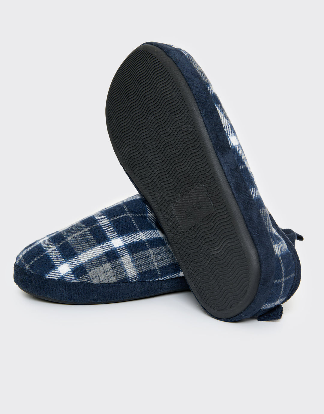Navy Check Faux Fur Lined Mule Slippers
