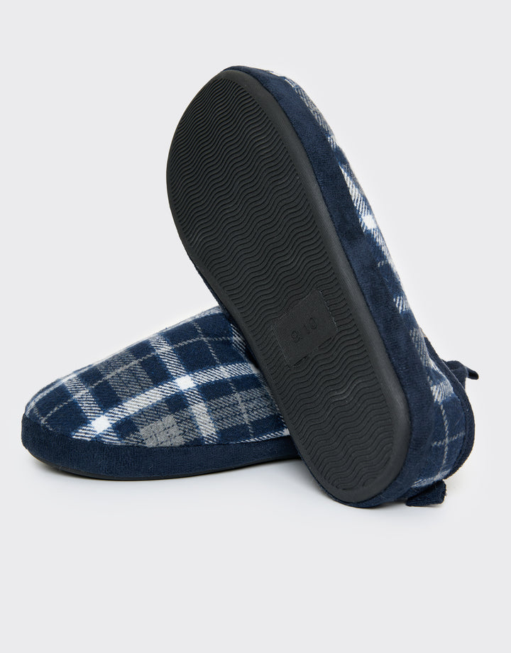 Navy Check Faux Fur Lined Mule Slippers