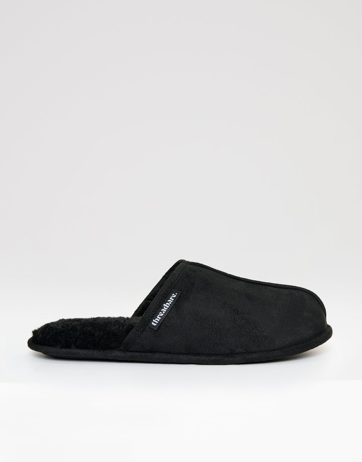 Black Faux Fur Lined Slip On Mule Slippers
