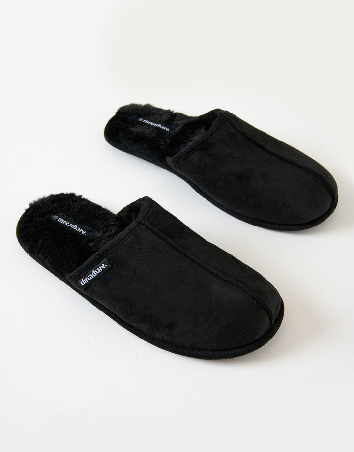Black Faux Fur Lined Slip On Mule Slippers