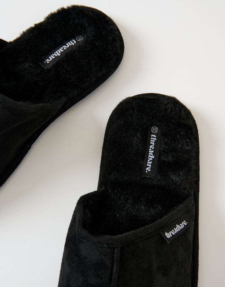 Black Faux Fur Lined Slip On Mule Slippers