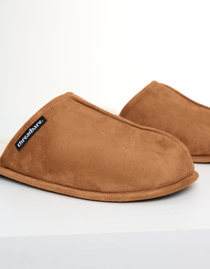 Tan Brown Faux Fur Lined Slip On Mule Slippers