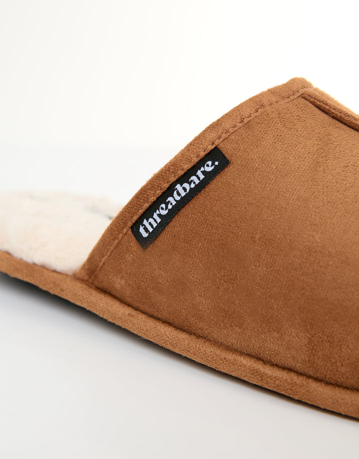 Tan Brown Faux Fur Lined Slip On Mule Slippers