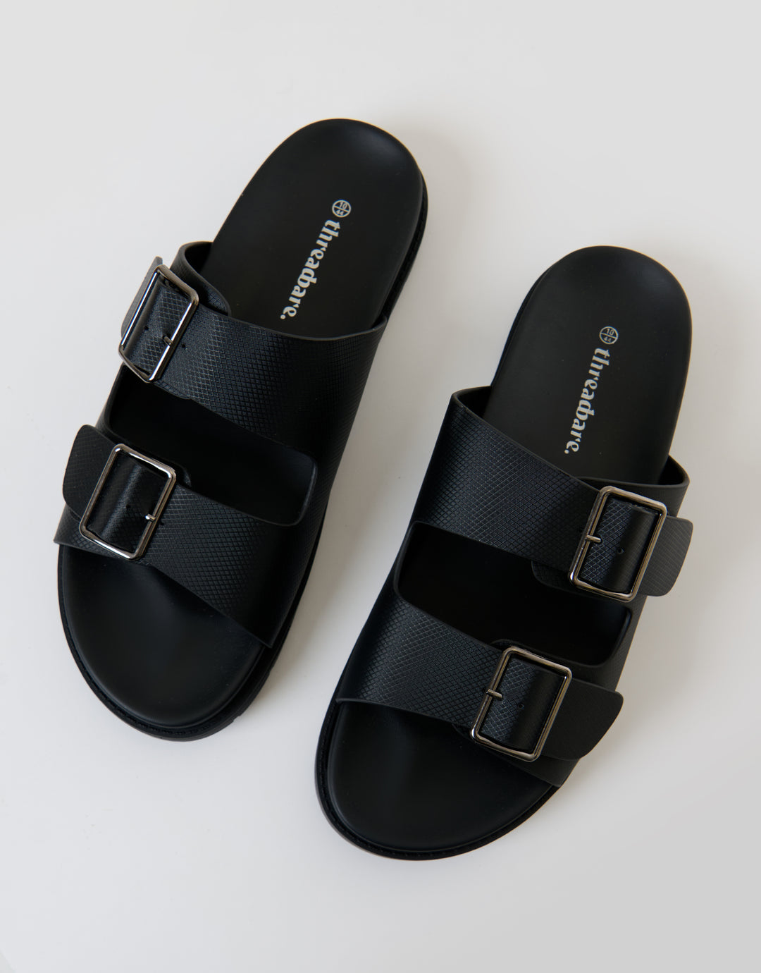 Threadbare Faux Leather Buckle Strap Sandals in Black - top view