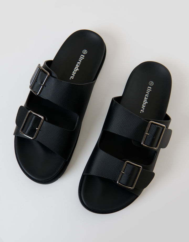 Threadbare Faux Leather Buckle Strap Sandals in Black - top view