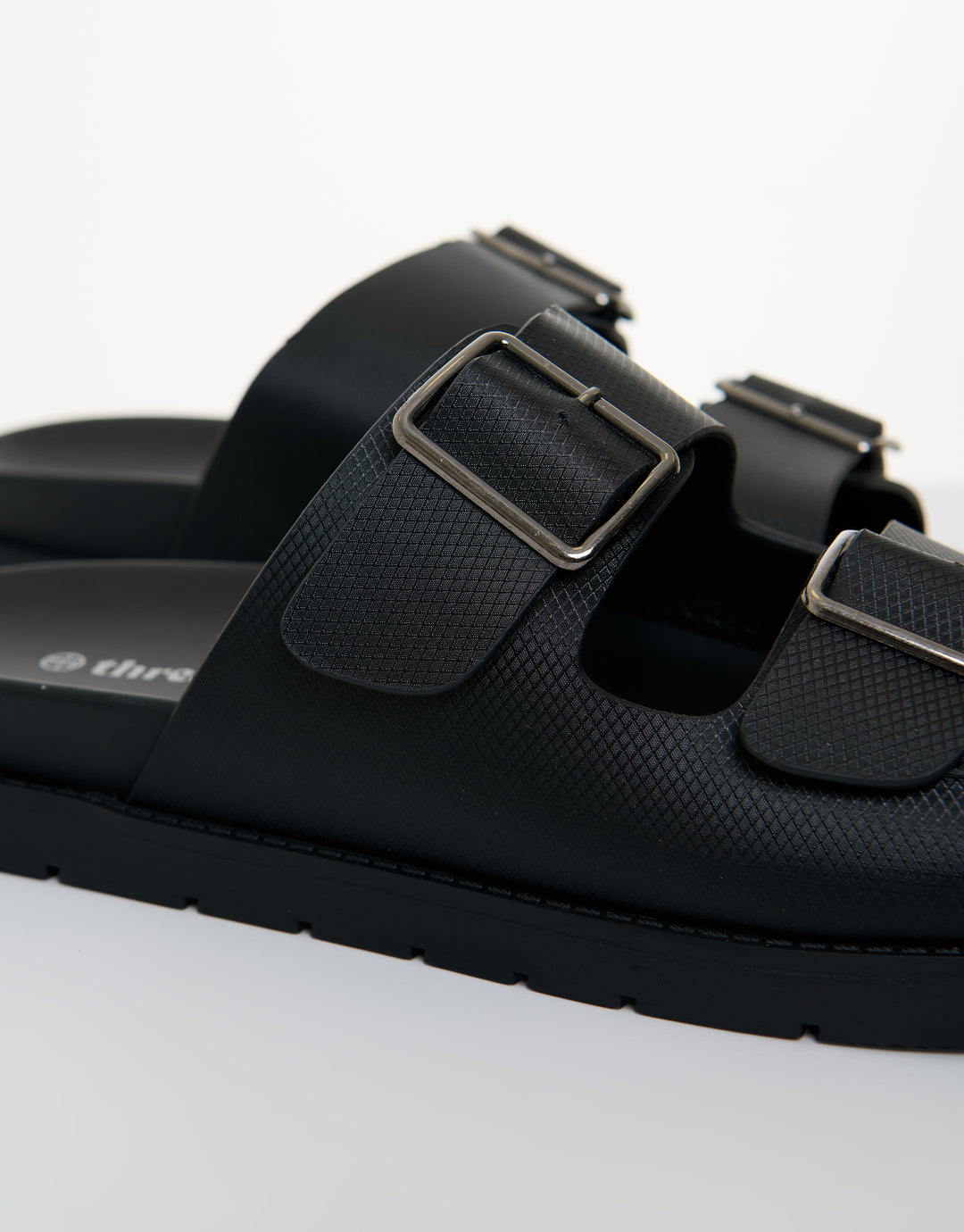 Threadbare Faux Leather Buckle Strap Sandals in Black - close up