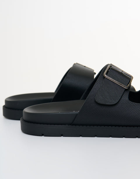 Threadbare Faux Leather Buckle Strap Sandals in Black - side view close up