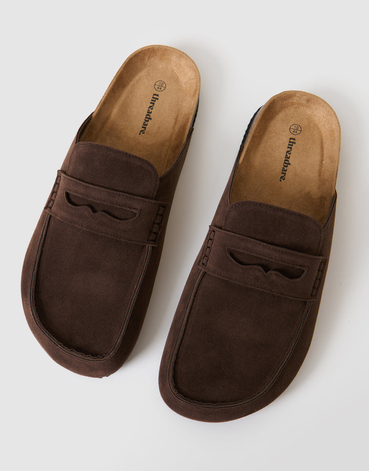 Threadbare Faux Suede Penny Loafer Sandals in Brown - top view