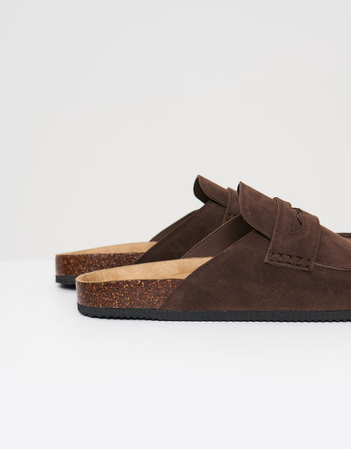 Threadbare Faux Suede Penny Loafer Sandals in Brown - side view close up