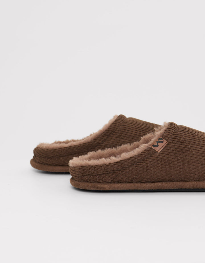 Corduroy Faux Fur Lined Mule Slippers in Brown