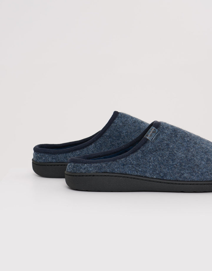 Textured Faux Fur Lined Mule Slippers in Denim Blue