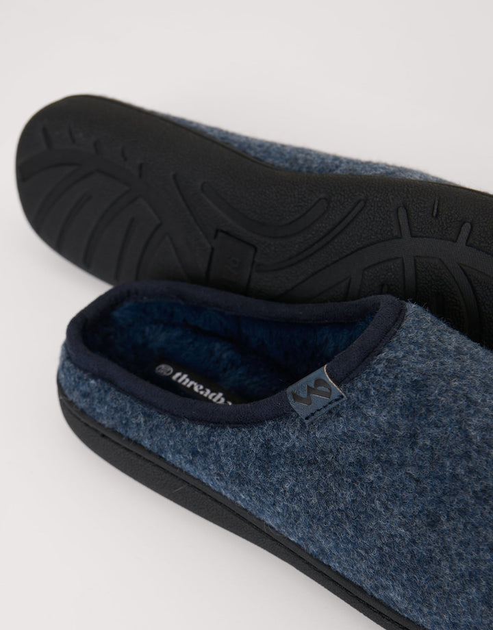 Textured Faux Fur Lined Mule Slippers in Denim Blue
