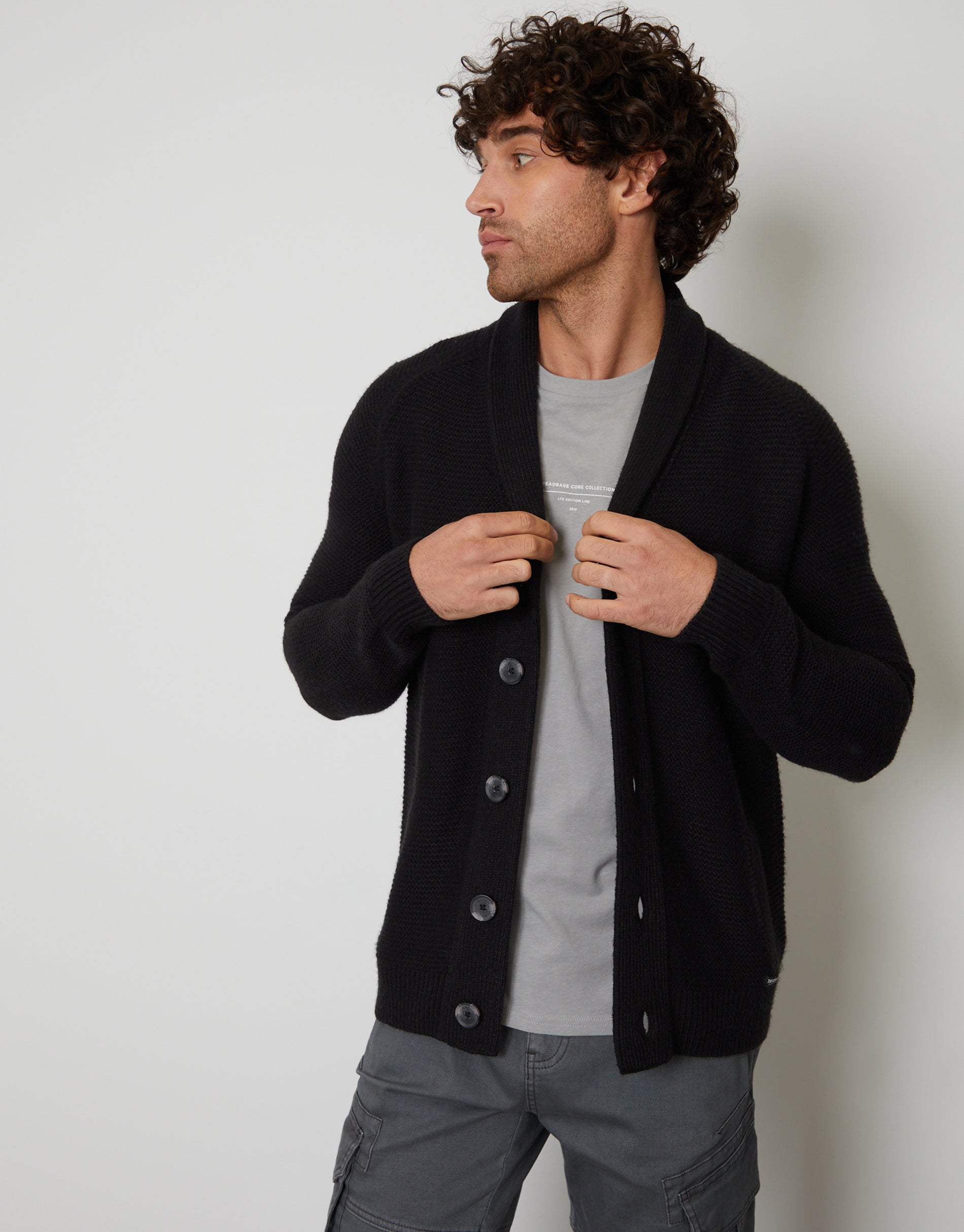 Mens Hanway Jet Black Plain Textured Knit Cardigan Threadbare