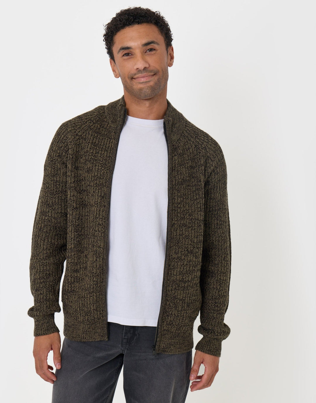 Threadbare Full-Zip Cardigan in Khaki Green - front view unzipped