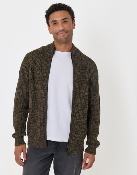Threadbare Full-Zip Cardigan in Khaki Green - front view unzipped