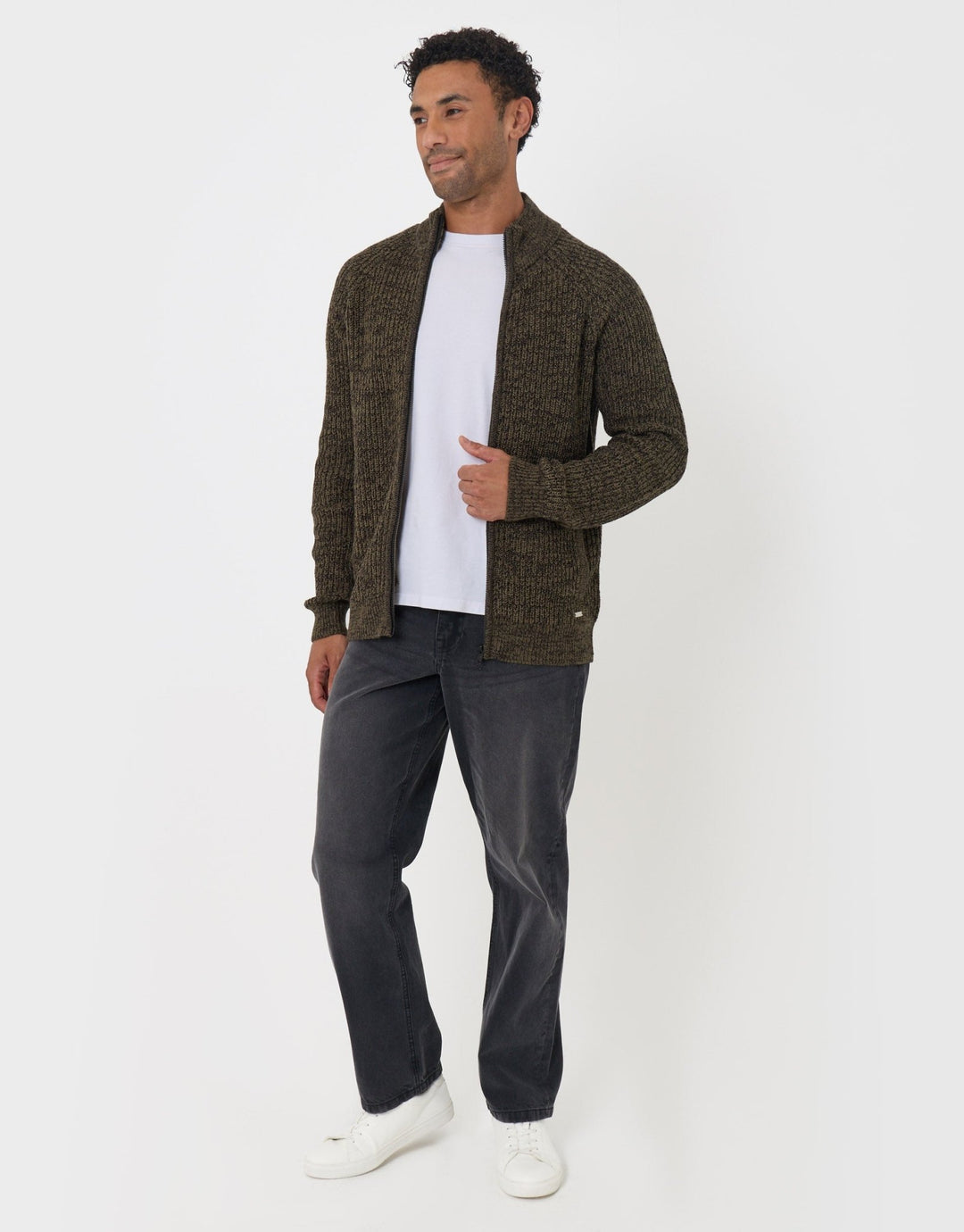 Threadbare Full-Zip Cardigan in Khaki Green - full body