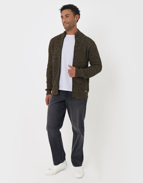 Threadbare Full-Zip Cardigan in Khaki Green - full body