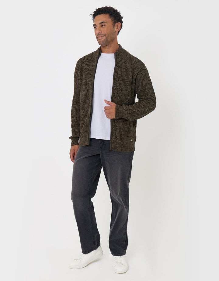 Threadbare Full-Zip Cardigan in Khaki Green - full body