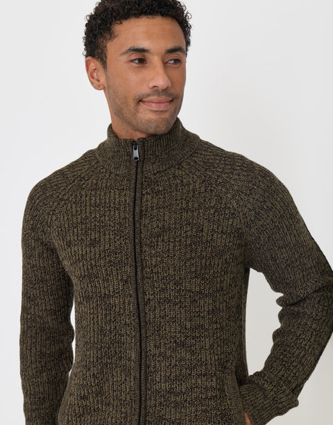 Threadbare Full-Zip Cardigan in Khaki Green - front