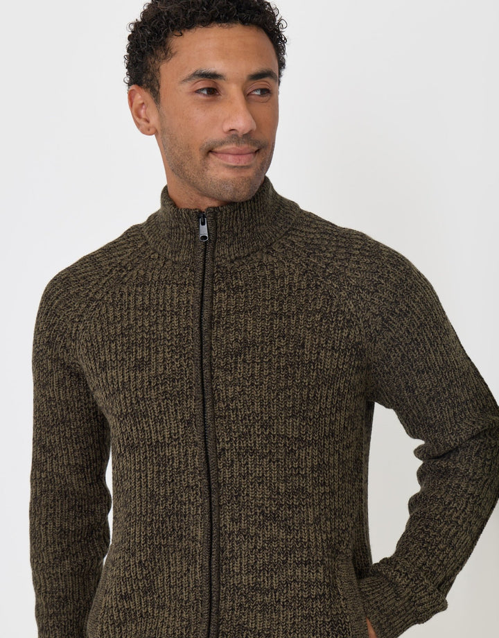 Threadbare Full-Zip Cardigan in Khaki Green - front