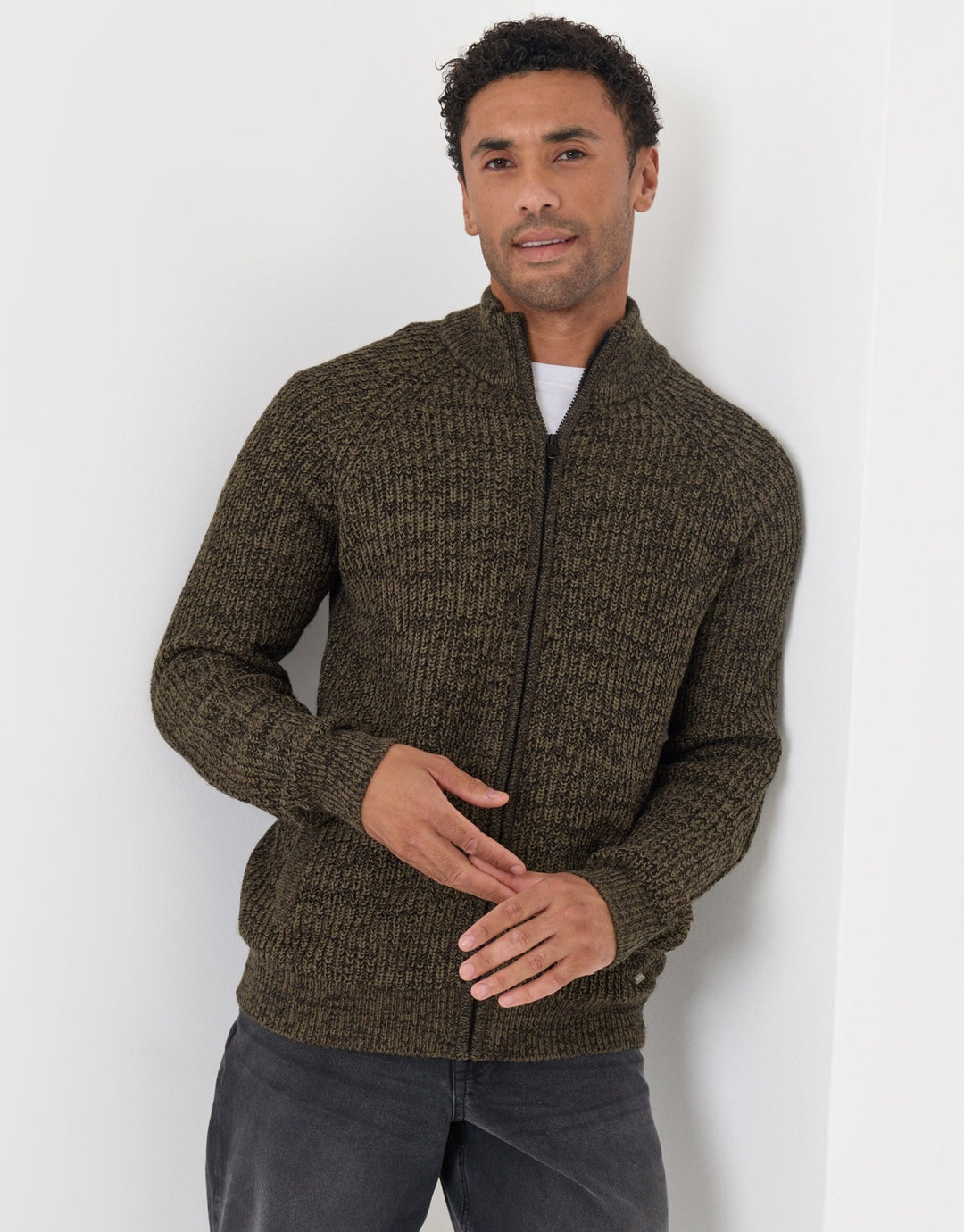 Threadbare Full-Zip Cardigan in Khaki Green - front pose