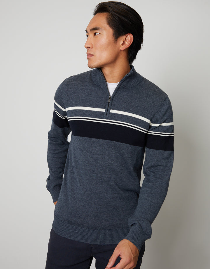 Denim Marl Blue Quarter Zip Colourblock Striped Knitted Jumper
