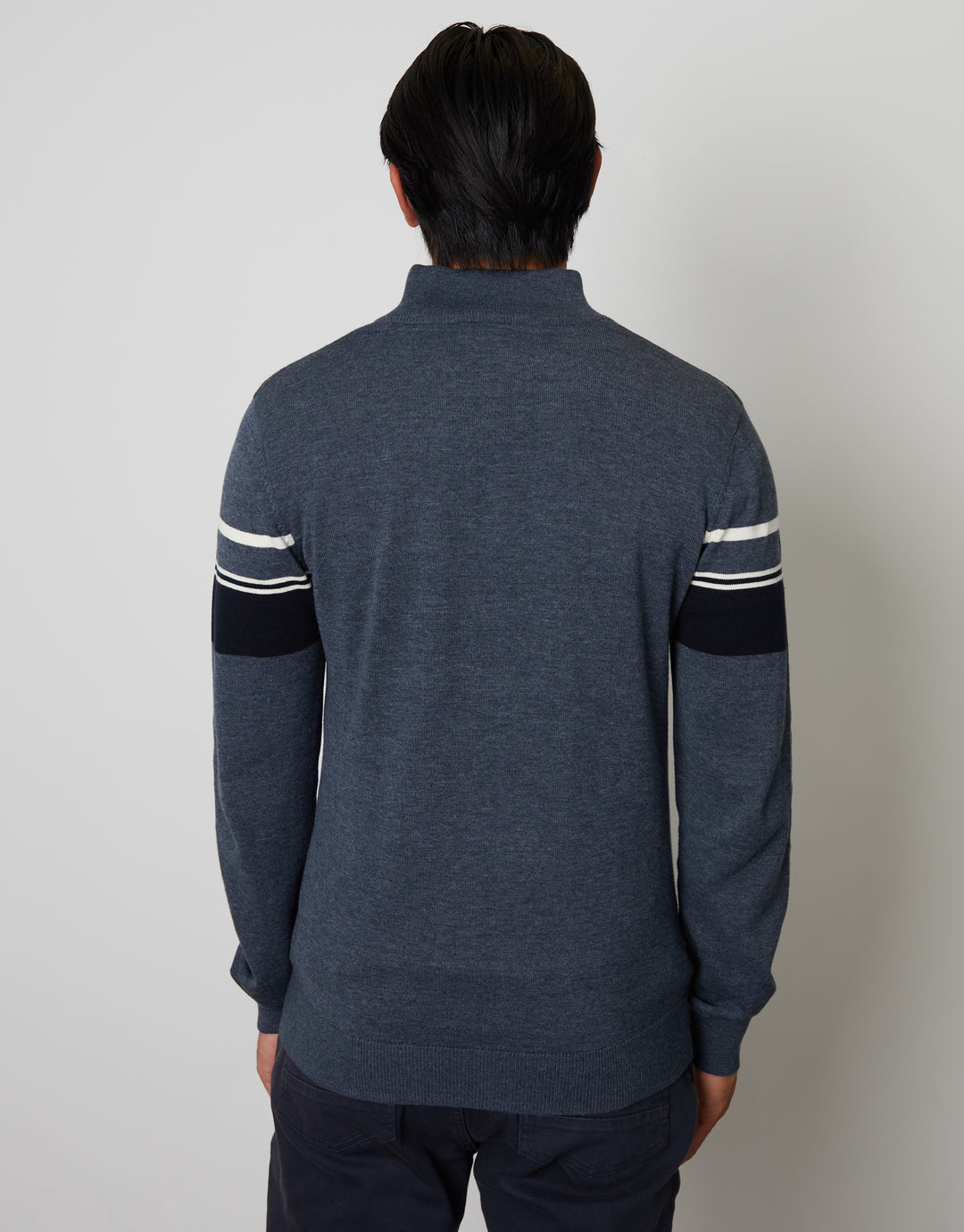 Denim Marl Blue Quarter Zip Colourblock Striped Knitted Jumper
